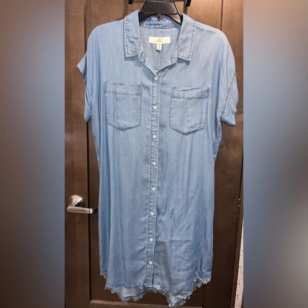 Light Blue Denim Shirt Dress with raw hem - Picture 1 of 4